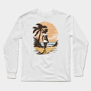 Pretty Girl Walking in Beach at Sunset Beach Summer Long Sleeve T-Shirt